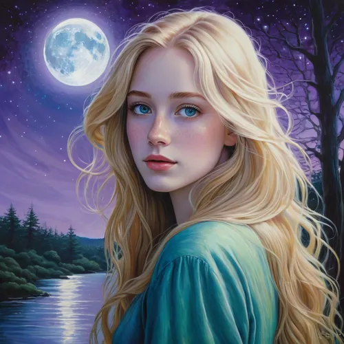 mystical portrait of a girl,fantasy portrait,fantasy art,fantasy picture,blue moon rose,the blonde in the river,elsa,oil painting on canvas,luna,romantic portrait,fairy tale character,the night of kupala,portrait of a girl,world digital painting,herfstanemoon,young woman,oil painting,jessamine,art painting,moonbeam,Illustration,Realistic Fantasy,Realistic Fantasy 16