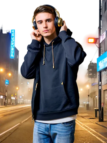 DJ, male, solo, (25yo), serious face, gold chain, black hoodie, denim jeans, white sneakers, headphones, turntable, vinyl records, microphone, city night, urban graffiti, neon lights, foggy atmosphere