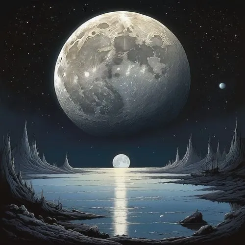 lunar landscape,moonscape,moon and star background,moonscapes,phase of the moon,moonsorrow,Illustration,Realistic Fantasy,Realistic Fantasy 04