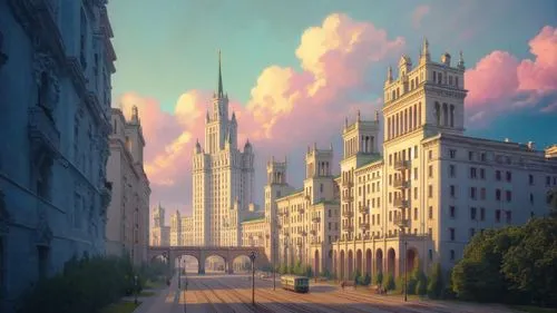 fantasy city,violet evergarden,beautiful buildings,city scape,pink city,evening city,cityscape,fantasy world,world digital painting,shanghai disney,sky city,skyscrapers,city buildings,dusk background,