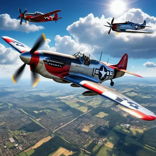 A captivating 3D render of a NAA P-51 Mustang WW II piston fighter aircraft with dull silver fuselage, mid-blue wings and red tail is flying 500 m above a group of Boeing B-17 U.S. WW II bombers on a 