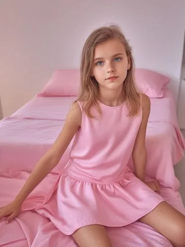 girl in a pink summer dress,the little girl is sitting on her bed,girl in bed,little girl in pink dress,nightgown,bed,lily-rose melody depp,bedsheet,bedsheets,bedclothes,bed linen,soft pink,sofa,bedsp