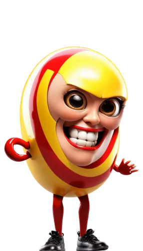 Cartoon bomb, funny expression, big eyes, round body, fuse lit, red and yellow stripes, shiny metallic surface, dynamic pose, mid-air explosion, comedic lighting, exaggerated shading, vibrant color to