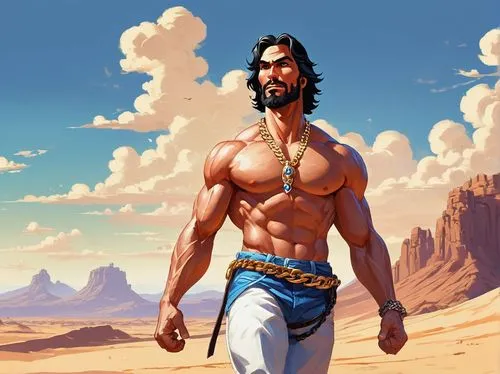 Muscular man, Giga Chad Jesus, strong facial features, short black hair, beard, intense gaze, white sleeveless shirt, ripped jeans, large chain necklace, bare feet, standing, desert landscape, sand du