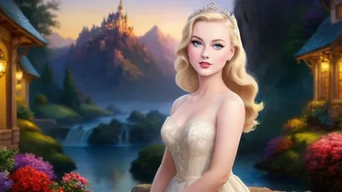 Romantic masterpiece oil painting, cute girl portrait, nostalgic 1950's style kitsch, breathtaking beautiful kingdom landscape, majestic fantasy scenery, evening lighting, by Thomas Kinkade,celtic wom