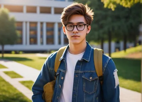 Young archi student, male, 18yo, messy brown hair, black-rimmed glasses, casual wear, blue denim jacket, white T-shirt, ripped jeans, sneakers, backpack, holding architectural model, standing, univers