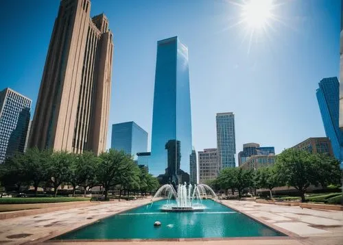 Dallas architecture tour, daytime, sunny, clear blue sky, modern skyscrapers, glass and steel buildings, Reunion Tower, Bank of America Plaza, Dallas City Hall, historic Dealey Plaza, ornate details, 