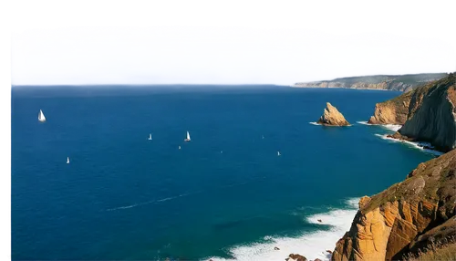 Seascape, calm ocean, sunny day, clear blue water, waves gently lapping shore, sailboat in distance, seagulls flying overhead, rocky coastline, dramatic cliffside, misty atmosphere, warm golden lighti