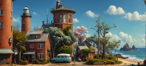 seaside resort,popeye village,madagascan,townscapes,brownstones,madagascans,seaside country,hopetown,coloniale,madagascar,harborfront,summerhaven,flamanville,studio ghibli,sylvania,stanleyville,ghibli,red lighthouse,seafront,windward