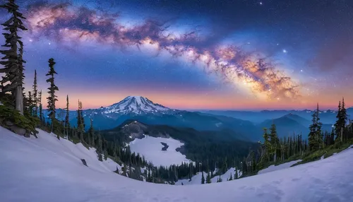 the milky way,mount rainier,milky way,mount hood,milkyway,astronomy,mt hood,mt rainier,rainier,galaxy collision,starry night,celestial phenomenon,lassen volcanic national park,starscape,colorful stars,cosmos,360 ° panorama,starry sky,star sky,oregon,Conceptual Art,Fantasy,Fantasy 24