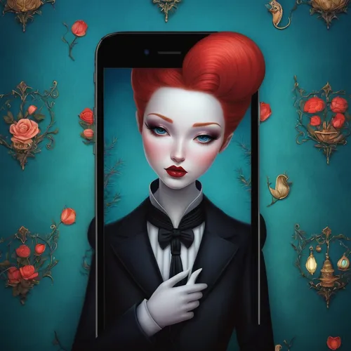 transistor,woman holding a smartphone,gothic portrait,phone icon,queen of hearts,magic mirror,redhead doll,phone case,custom portrait,cell phone,phone,marionette,smartphone,fantasy portrait,transistor checking,red apple,romantic portrait,smart phone,artist doll,telephone,Conceptual Art,Daily,Daily 22