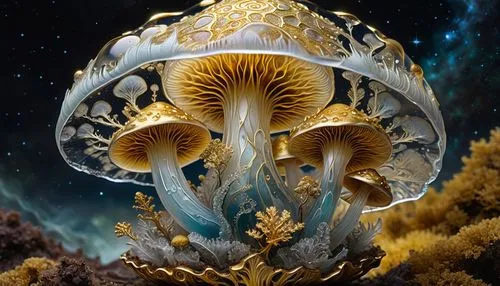 cnidaria,mandelbulb,celebensis,mushroom landscape,cnidarian,mycena,jellyfish,jellyfish collage,porifera,deep sea nautilus,ramaria,lion's mane jellyfish,basidiomycete,basidiomycota,lepiota,medusae,conocybe,mushroom island,pholiota,coral guardian,Illustration,Realistic Fantasy,Realistic Fantasy 03