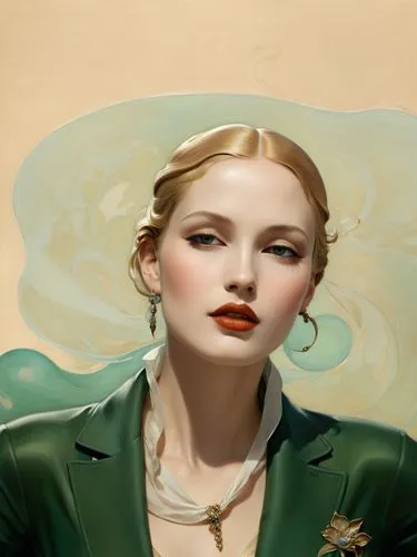 A perfect woman.,a woman with a green jacket and red lipstick,art deco woman,guccione,whitmore,domergue,jingna,absinthe,Illustration,Retro,Retro 08