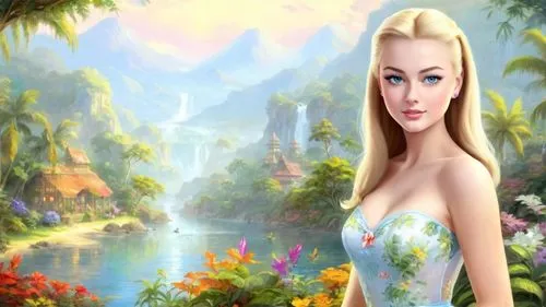 the blonde in the river,cartoon video game background,tinkerbell,garden of eden,thumbelina,tropico