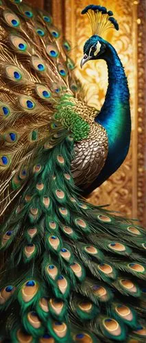 Vibrant golden peacock, majestic dance pose, shimmering iridescent feathers, elaborate plume, bright emerald green eyes, delicate legs, ornate beak, sparkling jewels on neck, luscious tail feathers, f