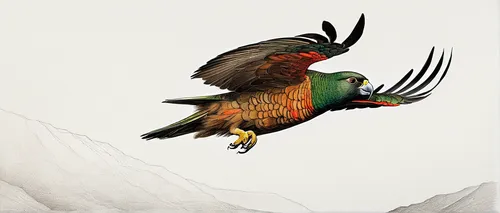 Kea in flight,bird painting,eagle illustration,bird illustration,king parrot,bird flying,bearded vulture,quetzal,bird flight,tropical bird climber,flying hawk,bird in flight,falco peregrinus,red taile