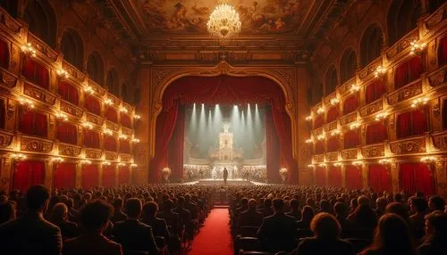 Grand opera house, Baroque architecture, ornate decorations, red velvet curtains, gilded balconies, crystal chandeliers, intricate frescoes, opulent interior, majestic staircase, regal atmosphere, eve