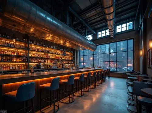 Galvanized steel, modern bar, constructivist architecture, metallic texture, industrial chic, angular lines, geometric shapes, minimalist decor, concrete floors, exposed ductwork, urban setting, citys