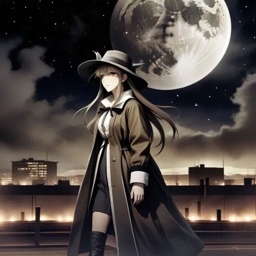 an anime girl standing under a full moon,fukawa,byakuya,hanako,selene,halloween background,kuchiki