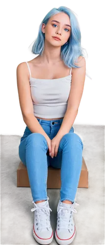 chair png,blue hair,depressed woman,jeans background,portrait background,2d,girl sitting,smurf figure,silphie,mini e,sit,smurf,transparent background,blu,denim background,png transparent,blue background,woman sitting,3d model,transparent image,Illustration,Paper based,Paper Based 17