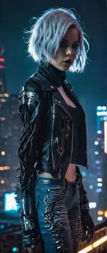 cyberpunk,birds of prey-night,futuristic,femme fatale,renegade,bolero jacket,jacket,leather jacket,punk,marylyn monroe - female,leather,streampunk,cyber,80s,harley,urban,electro,dystopian,digital compositing,portrait background,Illustration,Realistic Fantasy,Realistic Fantasy 47