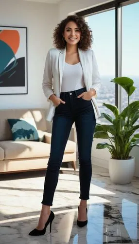 Brooke Gomez, female, interior designer, 25yo, curly brown hair, bright smile, elegant makeup, white shirt, black blazer, high-waisted jeans, black heels, standing, confident posture, modern living ro