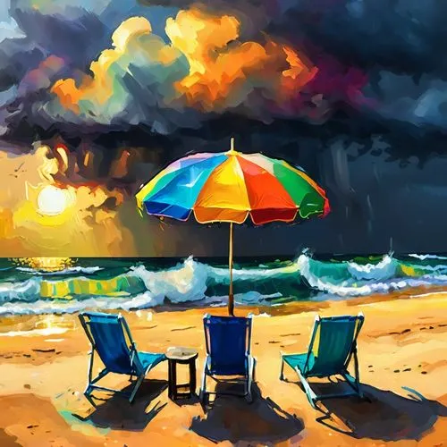 stormy sky with some billowy clouds, looking at the ocean with waves coming ashore and a colorful open beach unbrella and two beach chairs facing the ocean







 ,a painting of two empty chairs unde