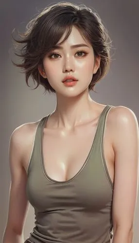 no background, anime, short hair, fit woman, big eyes, big lips,muscle woman,top tank, leggins, short boots, brunette, green eyes,Face model, asian,tamanna,kangna,yangmei,xiaofei,tamannaah,sihui,Illus