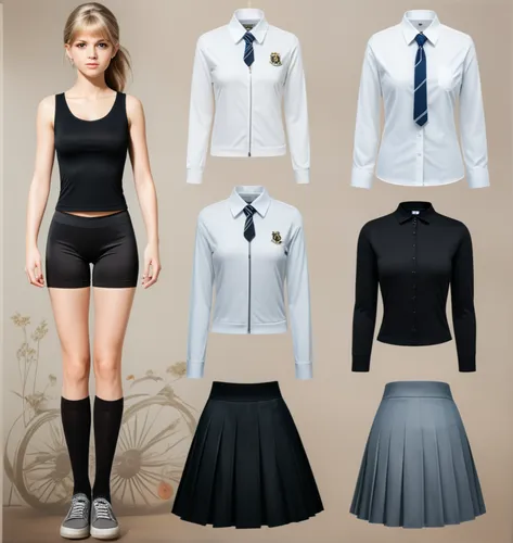 Paper doll British school girl in black sleeveless shirt ,black tight fit spandex shorts with black sock and shoe standing surrounded by with a set of british school uniform, shirt, grey pleated skirt