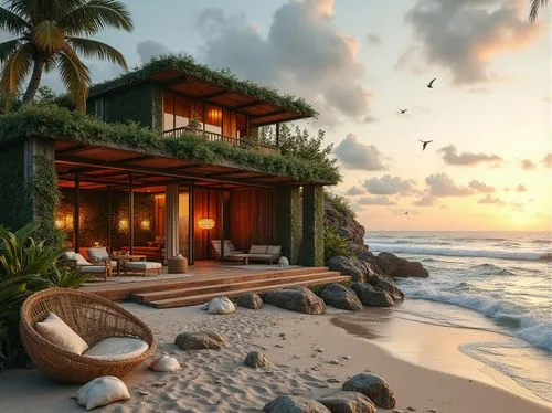 beachfront,beach house,oceanfront,beach hut,tropical house,dream beach,tropical beach,summer cottage,seclude,beach resort,hideaways,holiday villa,tropical island,beachhouse,beach furniture,beachside,secluded,dreamhouse,beautiful home,ocean view,Photography,General,Realistic