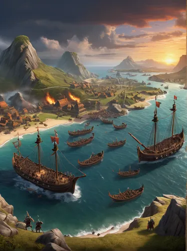 caravel,viking ships,hellenistic-era warships,vikings,fantasy picture,east indiaman,fantasy landscape,sailing ships,world digital painting,ship releases,kings landing,old ships,game illustration,collected game assets,background images,fantasy art,galleon,an island far away landscape,full hd wallpaper,imperial shores,Illustration,Realistic Fantasy,Realistic Fantasy 35