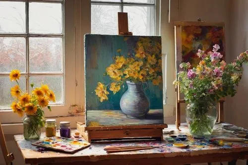 sunflowers in vase,still life of spring,flower painting,autumn still life,summer still-life,yellow chrysanthemums,floral composition,flower arranging,flower vase,atelier,yellow garden,meticulous painting,chrysanthemums,painting work,splendor of flowers,photo painting,bloemen,bloomeries,spring bouquet,floral corner,Photography,Fashion Photography,Fashion Photography 07