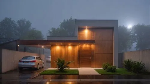 put a beauty wood door in front of the building, turn on the lights,mid century house,corten steel,eichler,modern house,modern architecture,neutra,rain shower,rainstorm,cubic house,residential house,m