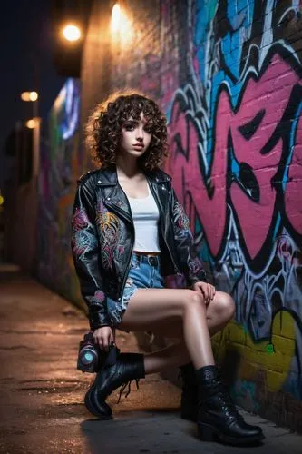 portrait photography,portrait photographers,photo session at night,bolero jacket,portrait background,girl with a gun,girl with gun,fashion shoot,graffiti,urban,jacket,leather jacket,bomber,grunge,jean jacket,leather boots,rockabella,city youth,ankle boots,nora,Illustration,Retro,Retro 11