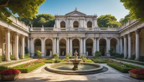 Roman-style art museum, grandiose exterior, Corinthian columns, ornate arches, white marble, intricate carvings, statues of gods, fountains, lush greenery, vibrant flowers, sunny afternoon, warm light