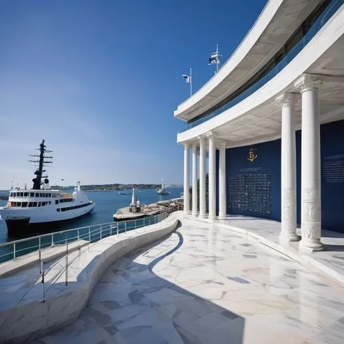 Modern naval architecture school building, white marble columns, glass facade, ocean-inspired blue roof, intricate stone carvings, grand entrance with anchor emblem, students in casual wear, backpacks