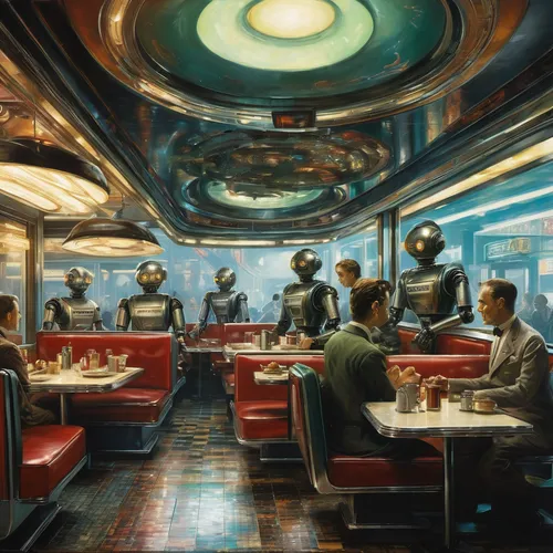 retro diner,diner,breakfast on board of the iron,atomic age,fifties,drive in restaurant,sci fiction illustration,science-fiction,passengers,ufo interior,scifi,galaxy express,sci-fi,sci - fi,fast food restaurant,dining,teacups,science fiction,the coffee shop,sci fi,Art,Classical Oil Painting,Classical Oil Painting 09