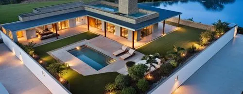 PORCHE, GALERIA, ASADOR, MESA, SILLAS E JARDIN, DECK, PILETA, PASTO, PILETA
,a house that has a pool and large lawn,pool house,modern architecture,modern house,house with lake,house by the water,lands