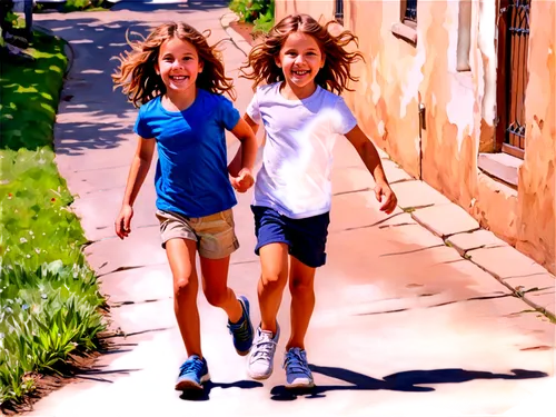 Two kids, brother and sister, (6-8yo), smiling faces, bright eyes, messy brown hair, casual wear, T-shirts, shorts, sneakers, playing, running, joyful expressions, warm sunlight, shallow depth of fiel