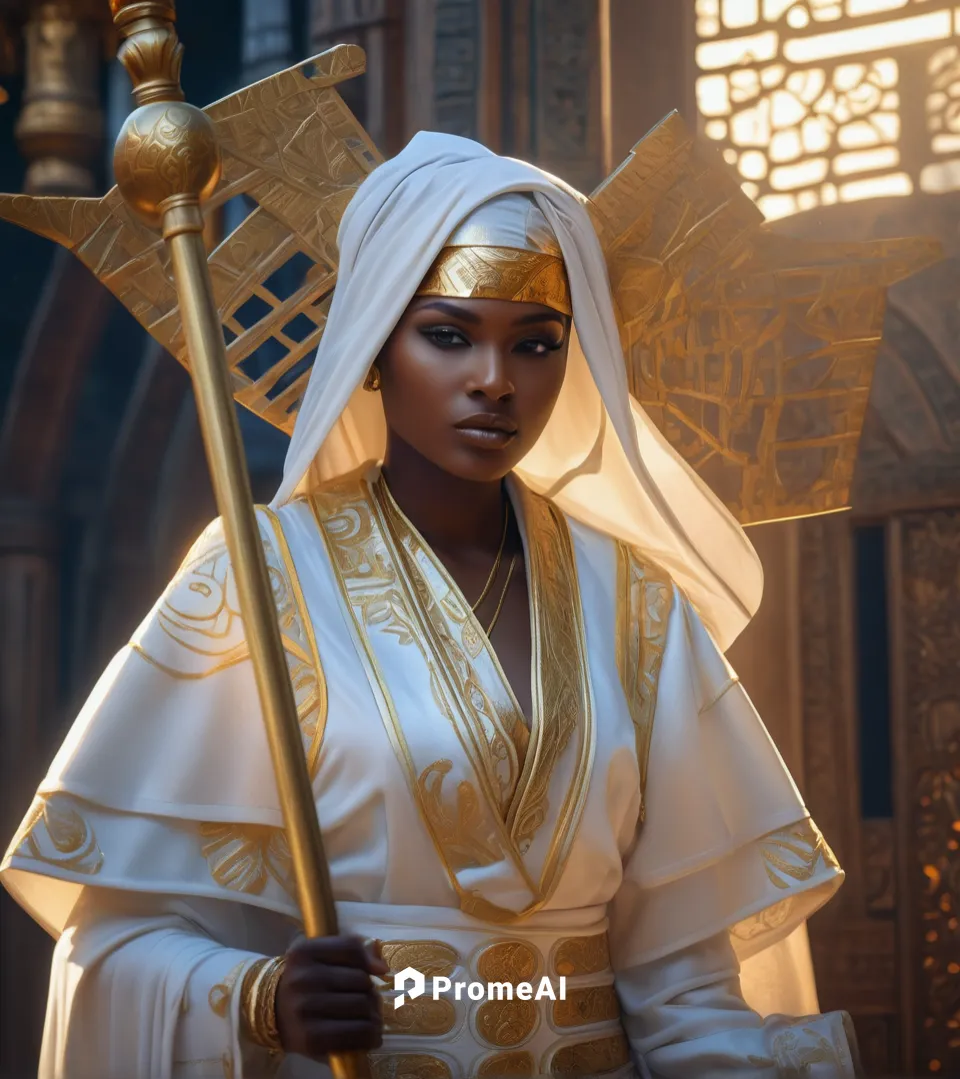 A dark-skinned female priestess wearing white and gold robes and headdress.,ankh,priestess,lily of the nile,sadu,afar tribe,archimandrite,prophet,the prophet mary,artemisia,golden crown,pharaonic,temp