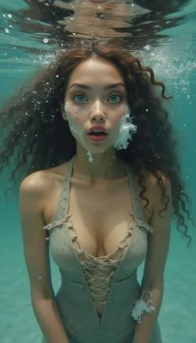 a girl in white is looking up into the water,under the water,underwater,under water,submerged,underwater background,water nymph