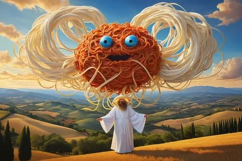 Flying Spaghetti Monster, fantasy creature, bright blue eyes, giant meatball body, surrounded by swirling pasta tendrils, tomato sauce aura, holy halo, white robes with golden trim, majestic wings, wi