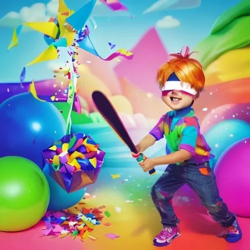 happy boy with blindfolded eyes, breaking a colorful pinata with a stick, while confetti and multicolored candies fall from the pinata.,rainbow color balloons,rainbow pencil background,colorful balloo