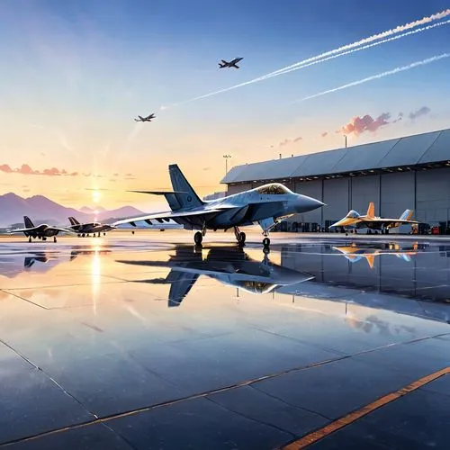 Imagine a high-resolution scene at dawn, where the first light of the day casts a golden hue over an airfield. In the foreground, a sleek modern jet, perhaps an F-22 Raptor, sits on the runway, its me