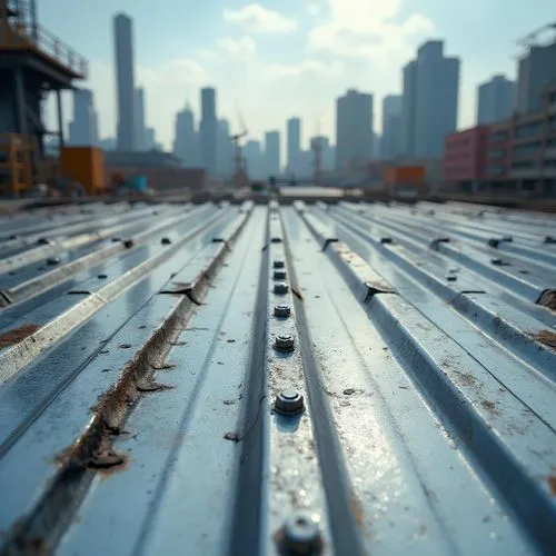 Modern galvanized steel material, industrial background, metal texture, reflective surface, corrugated iron sheet, silver color tone, urban cityscape, skyscraper, factory setting, construction site, b