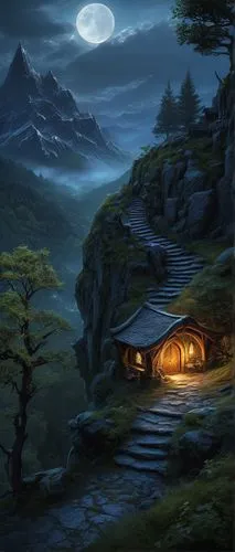 fantasy landscape,fantasy picture,mountain spring,hobbiton,night scene,home landscape,hobbit,mountain settlement,the threshold of the house,background with stones,fantasy art,druid grove,lava tube,the mystical path,jrr tolkien,house in mountains,mountain landscape,hiking path,mountain scene,northrend,Illustration,Paper based,Paper Based 11