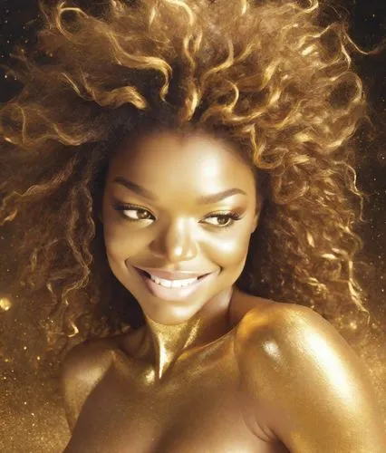 CHUBBY black WOMAN, Nude, skin and face made of gold, digital portrait of a nude woman all adorned in gold paint, with a glowing aura. Flowing hair. The background is a dark black, emphasizing the gol