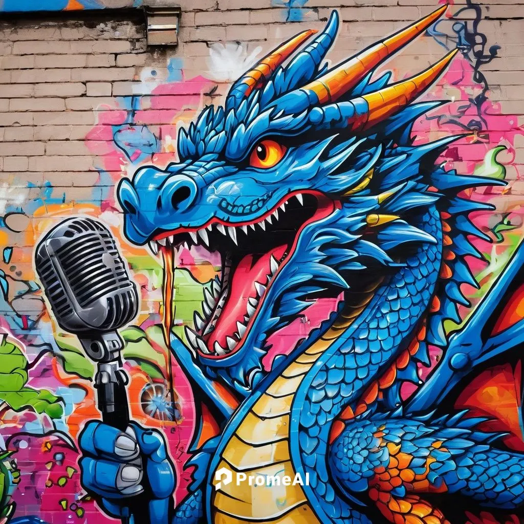 blue dragon sings to the microphone,graffiti art,roa,painted dragon,electric megaphone,graffitti,microphone,graffiti,alebrije,grafiti,grafitti,brooklyn street art,dragonja,fire breathing dragon,maguan