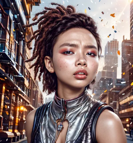 cyberpunk,dystopian,cyborg,sci fiction illustration,asian vision,futuristic,world digital painting,fantasy portrait,city ​​portrait,streampunk,mohawk,janome chow,shanghai,fierce,han thom,asia,scifi,dystopia,metropolis,artificial hair integrations