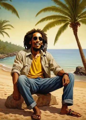 Bob Marley, Rastafarian, reggae legend, relaxed posture, dreadlocks, facial hair, sunglasses, yellow-beige shirt, jeans, bare feet, Jamaican vibe, tropical atmosphere, beachside setting, palm trees, s